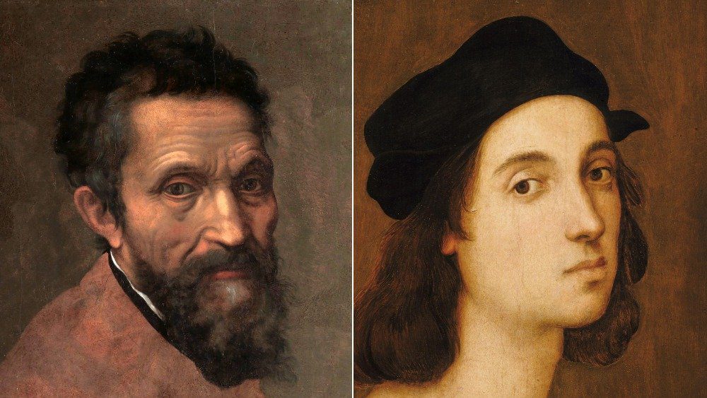 Слева: Портрет Микеланджело, 1544 г. Справа: Автопортрет, Рафаэль
