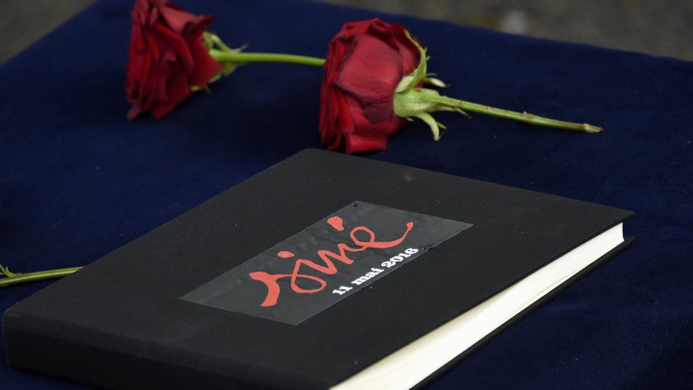 две красные розы возле книги соболезнований карикатуристу Сине