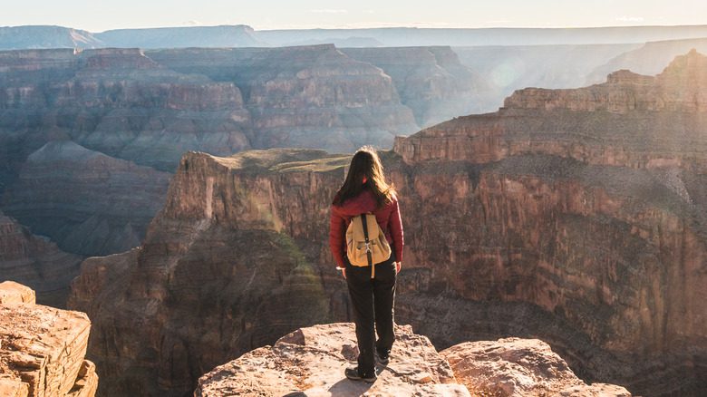 Турист стоит на краю Большого каньона