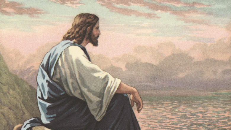 Иллюстрация Иисуса, сидящего и смотрящего на море