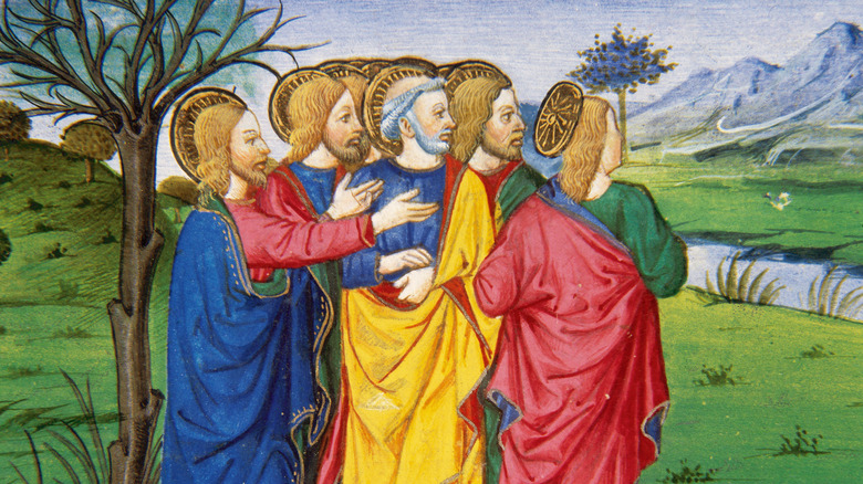 Ученики Иисуса в разноцветных одеждах мертвая смоковница