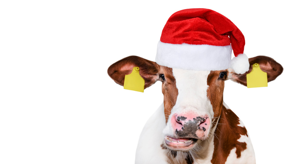 корова в шапке Санта-Клауса