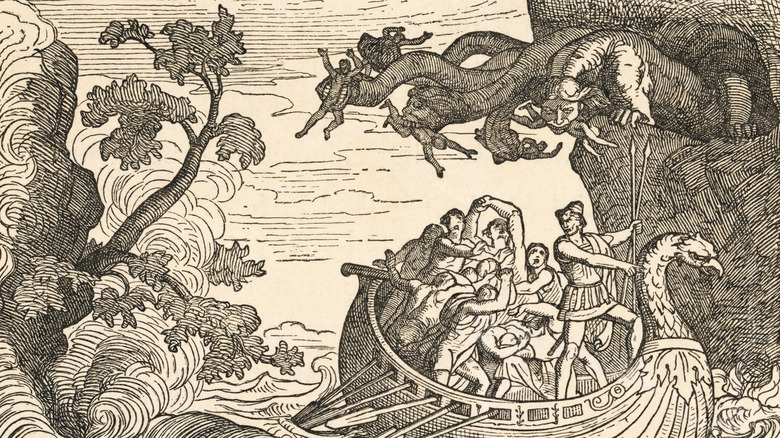 Иллюстрация чудовища Сциллы, поедающего моряков